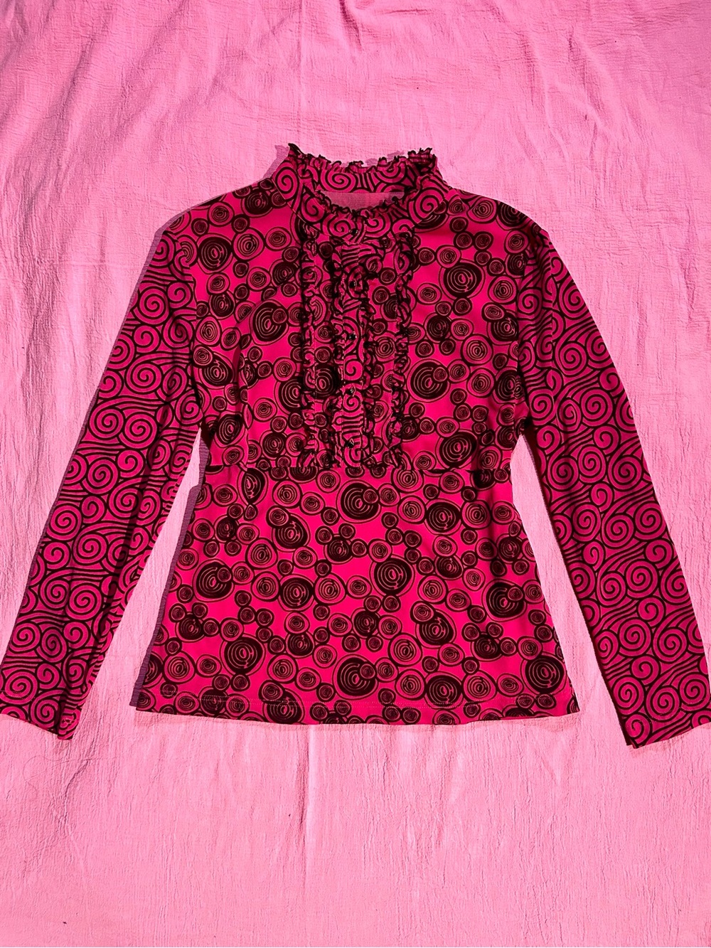 Hot Pink Ruffled Long-Sleeve Blouse with Black Swirls